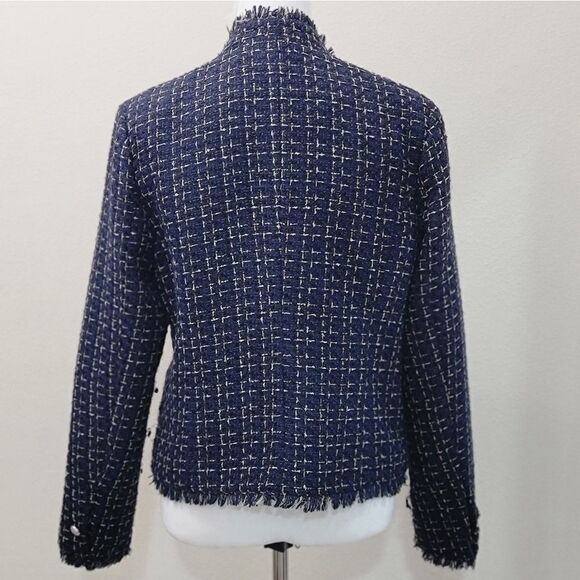 Dolce Cabo Gold Button Tweed Blazer Navy Blue Shoulder Pads Fringe Hem Size M - Picture 5 of 12